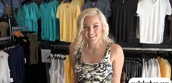  Blondie babe gets fucked by hunky dude in clothes store
